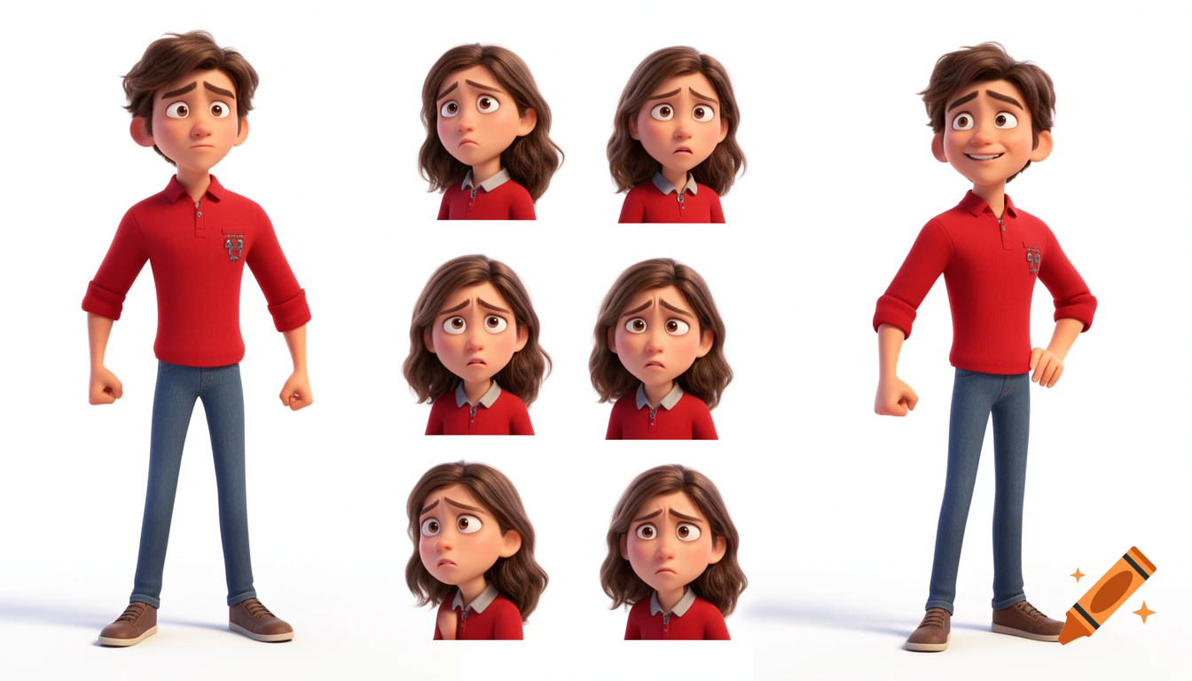 A character sheet of a young man in a red polo shirt and a young woman in a red shirt, showing different expressions, in Pixar 3D animation style on a white background.