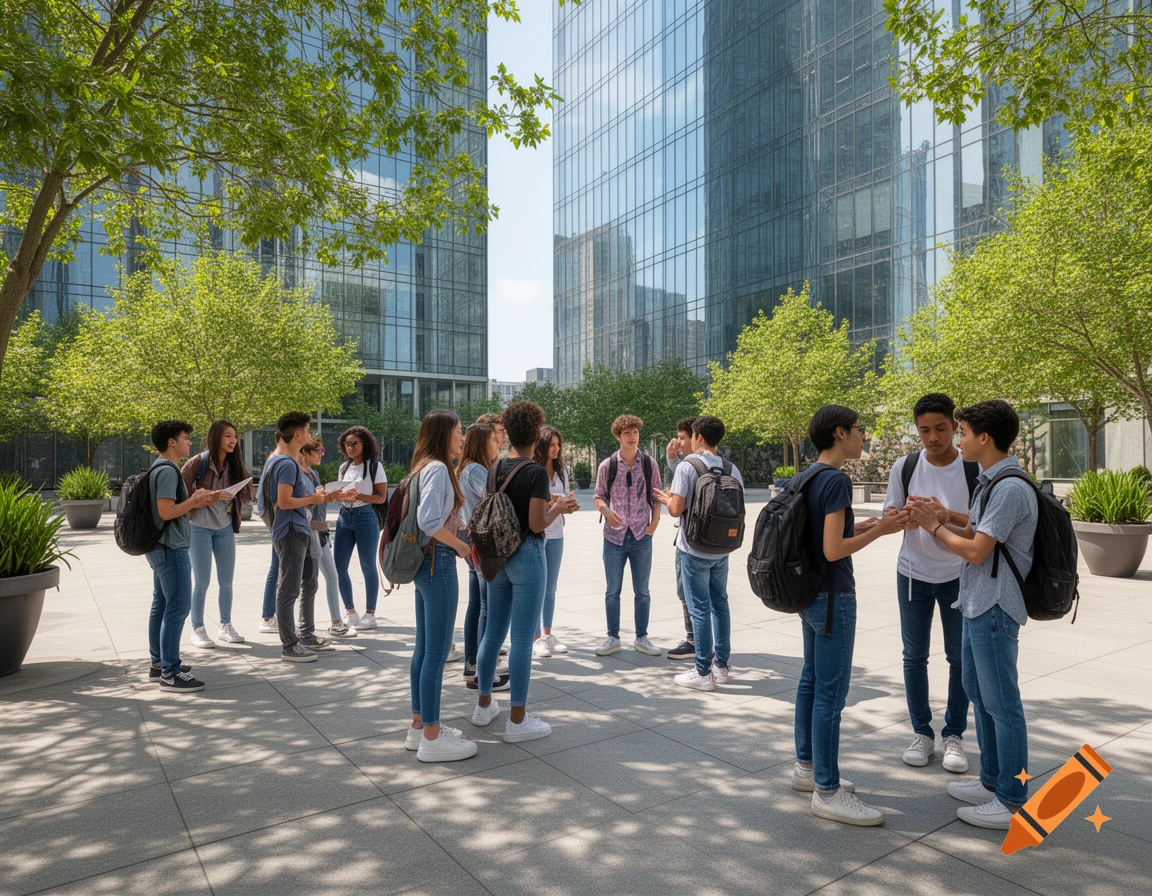 A diverse group of students with backpacks gather outside modern glass buildings, surrounded by trees and sunlit pavement.