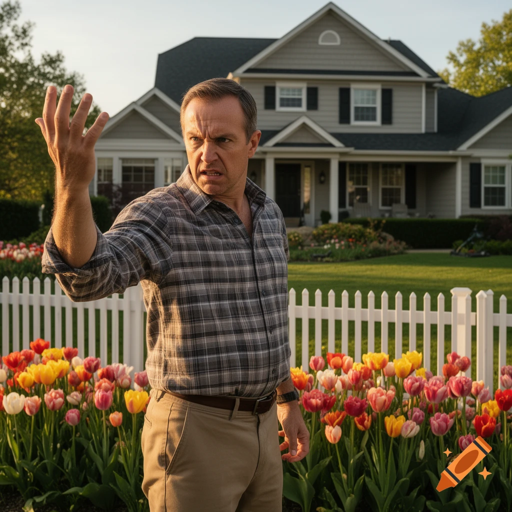 An angry man in a plaid shirt stands in a tulip garden with a white picket fence in front of a suburban house.