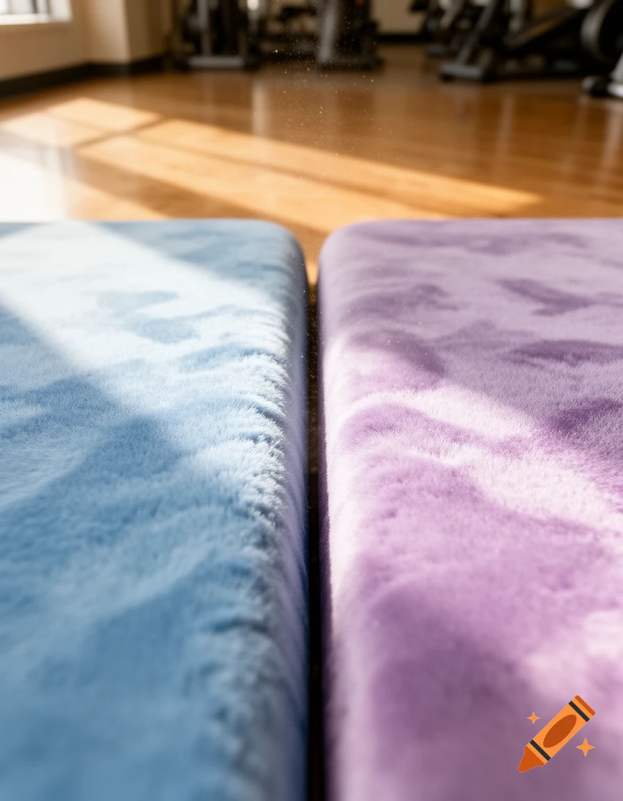 Close-up of the seam between a blue and a purple soft floor mat in a sunny gym, photorealistic.