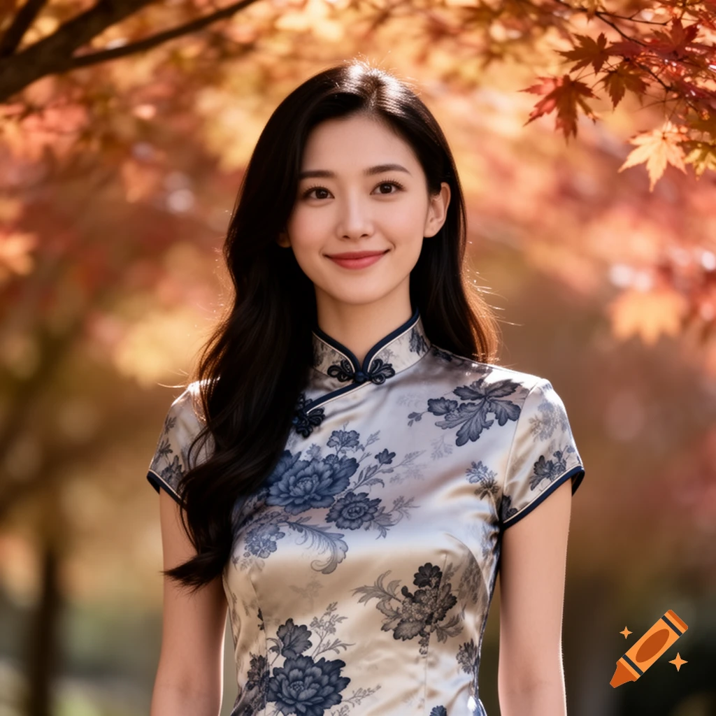 A photorealistic portrait of a young Asian woman in a floral qipao, smiling against a blurred autumn foliage background.