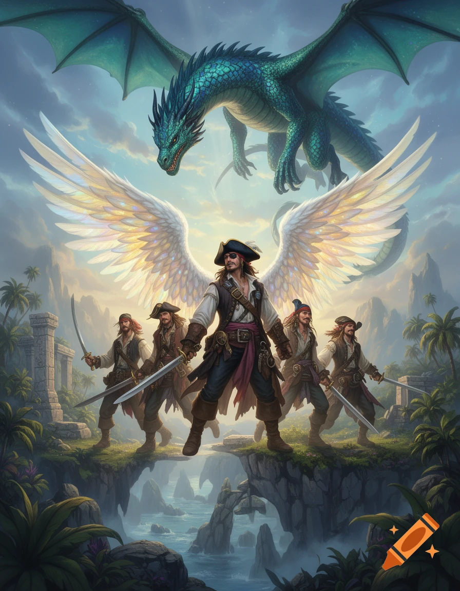 A group of pirates with swords, one with large white angel wings, stands on an island cliff under a flying blue dragon in a fantasy landscape.