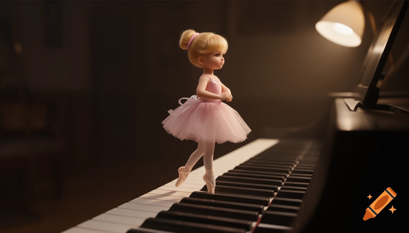 A small blonde ballerina doll in a pink tutu and pointe shoes stands en pointe on black and white piano keys, lit by a lamp.