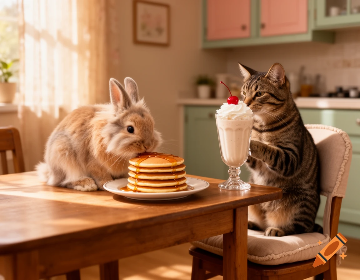 A photorealistic bunny eating pancakes and a tabby cat drinking a milkshake at a kitchen table.
