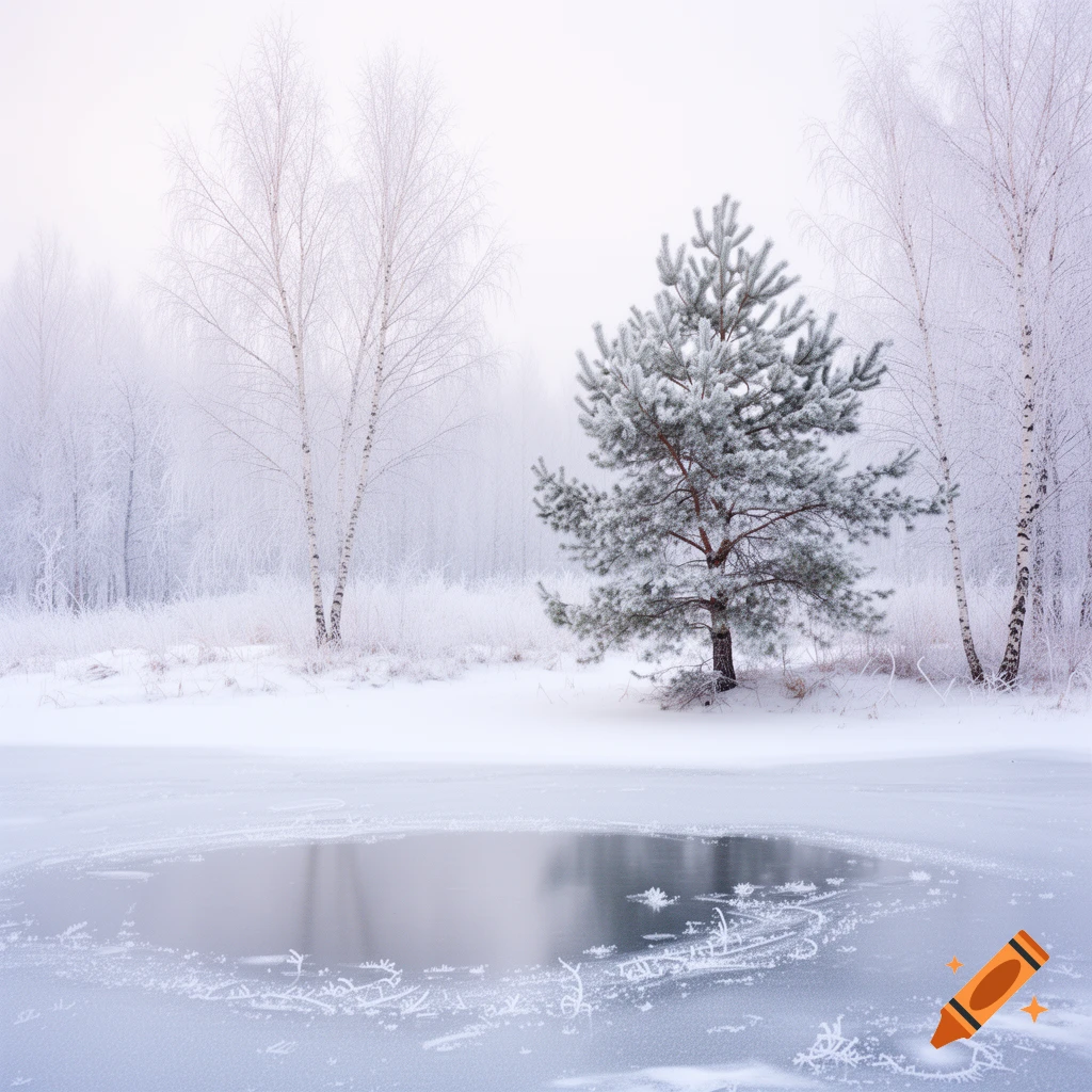 A serene winter landscape with snow-covered trees and a partially frozen pond, reflecting the muted sky.