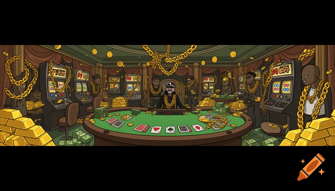 Cartoon panoramic illustration of a casino with men in rap culture attire, slot machines, poker table, and piles of gold and cash in an early 2000s Flash animation style.