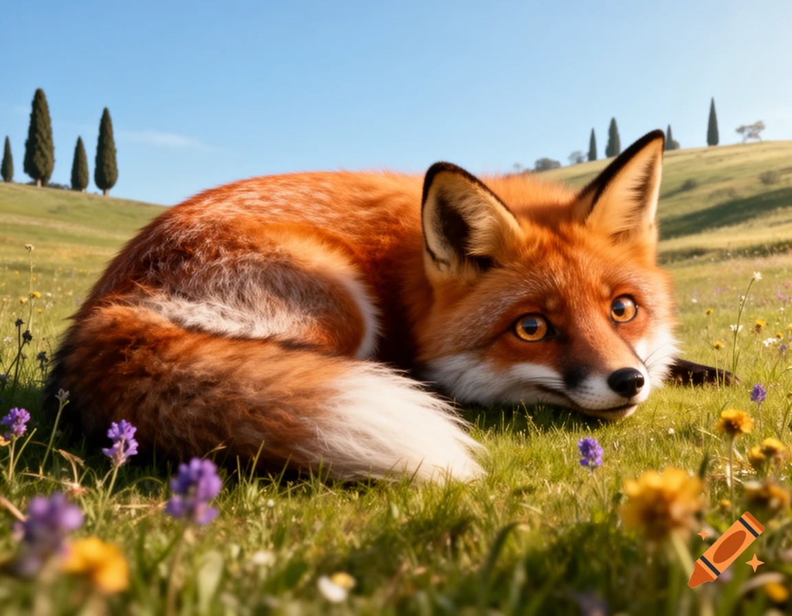 A photorealistic fox with vibrant orange fur lies curled in a sunlit grassy field with wildflowers and distant cypress trees under a clear blue sky.