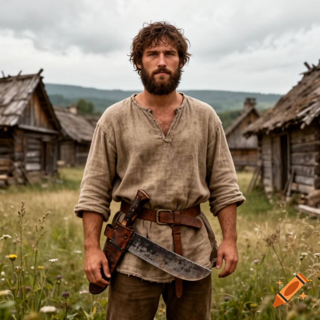 Photorealistic portrait of a young bearded peasant man with a machete on his belt, standing in a field with wooden huts.