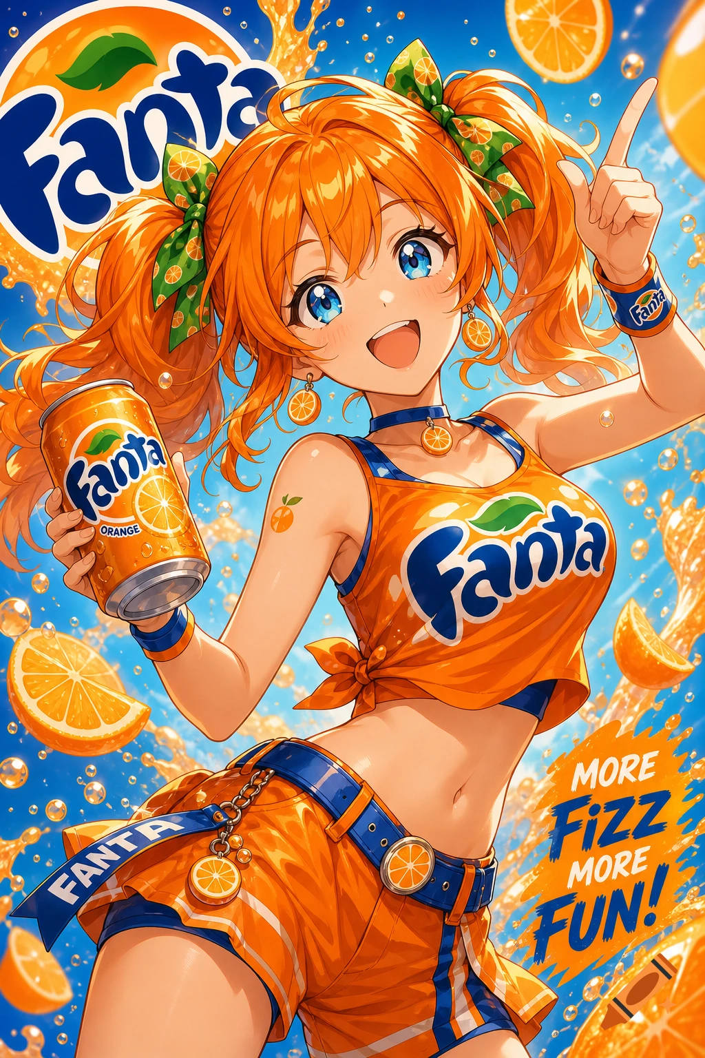 An energetic anime girl with orange hair in a Fanta-themed outfit, holding a Fanta can and pointing up, surrounded by orange slices and splashes.