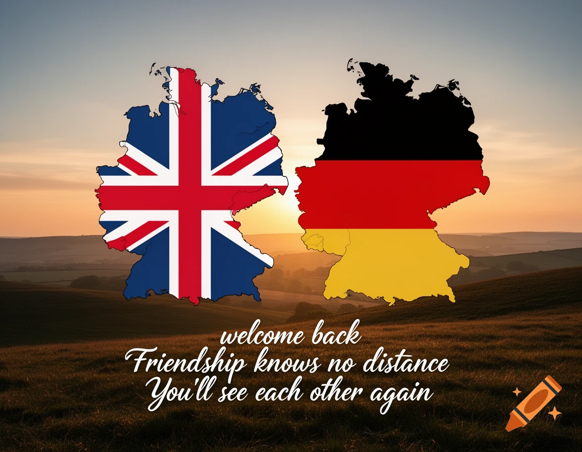 Maps of the UK and Germany, filled with their national flags, against a sunset landscape. Text reads: "welcome back Friendship knows no distance You'll see each other again".
