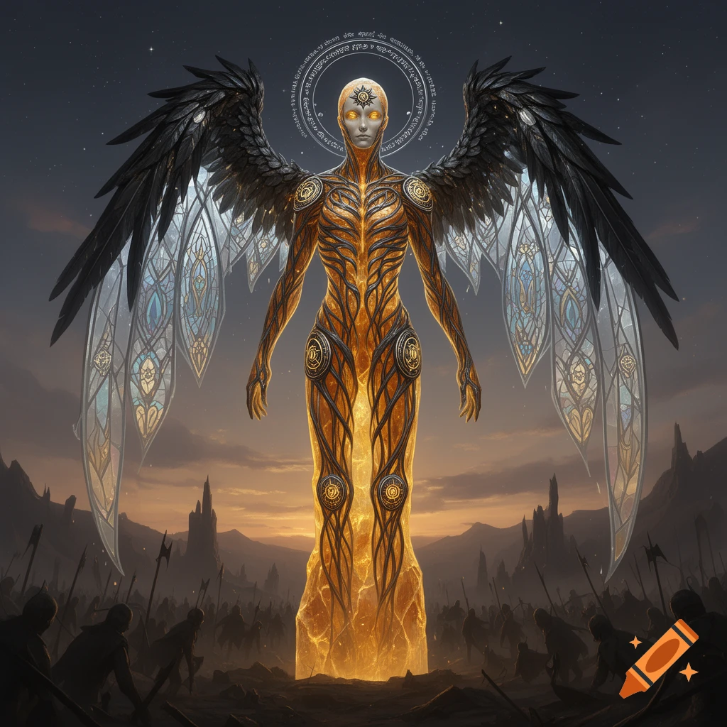 A towering, winged humanoid figure made of glowing amber-gold and black metal stands on a battlefield at dusk, surrounded by silhouetted warriors.
