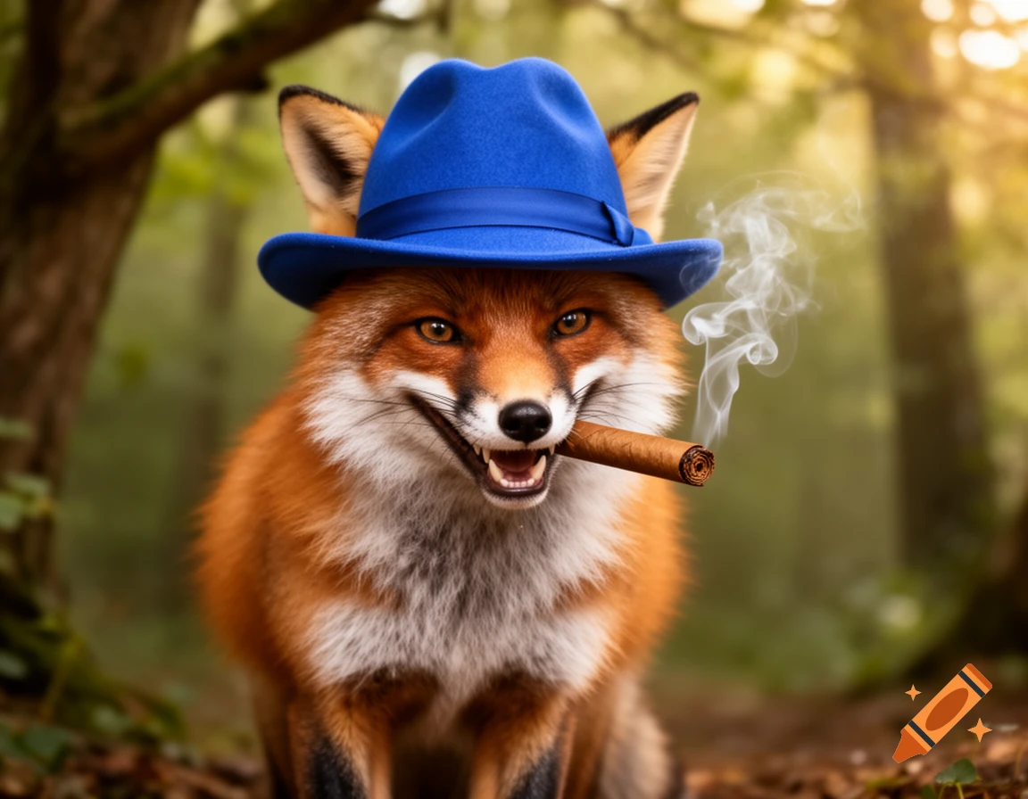 A photorealistic red fox wearing a blue fedora, grinning and smoking a cigar with smoke rising, in a forest.