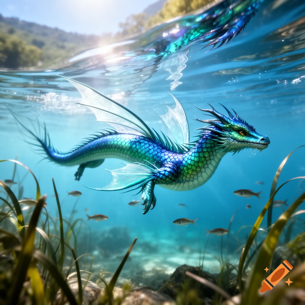 A vibrant blue and green water dragon swims gracefully underwater amidst small fish and green aquatic plants, with sunlight filtering from the surface.