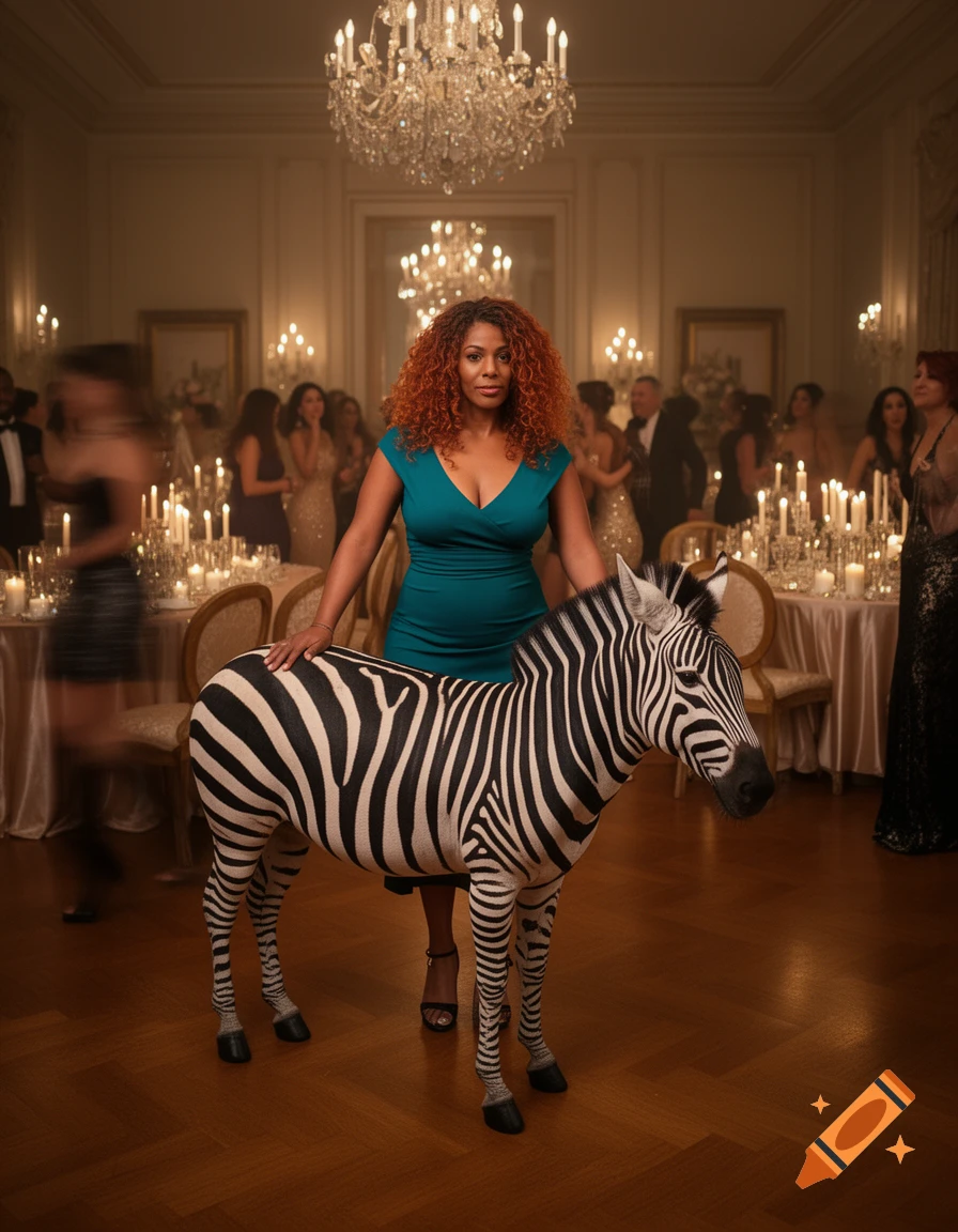 A woman with curly red hair in a teal dress stands next to a zebra at a lavish party with chandeliers and blurred guests.