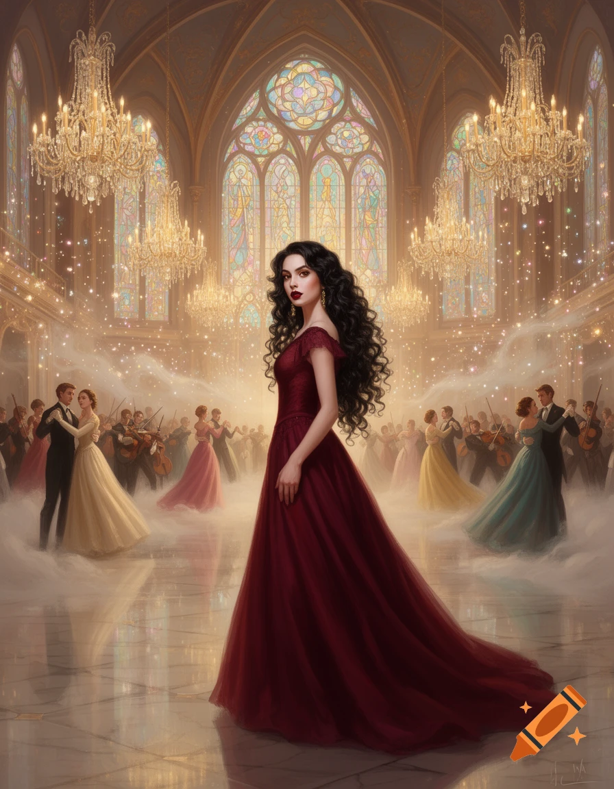 A beautiful woman with long black hair in a dark red gown stands at a grand fantasy ball with dancers and chandeliers.