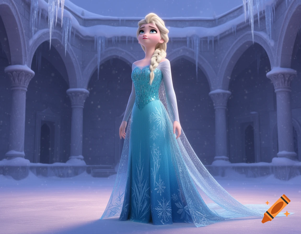 Animated Elsa in her shimmering blue dress stands looking up in a snowy, icy castle courtyard.