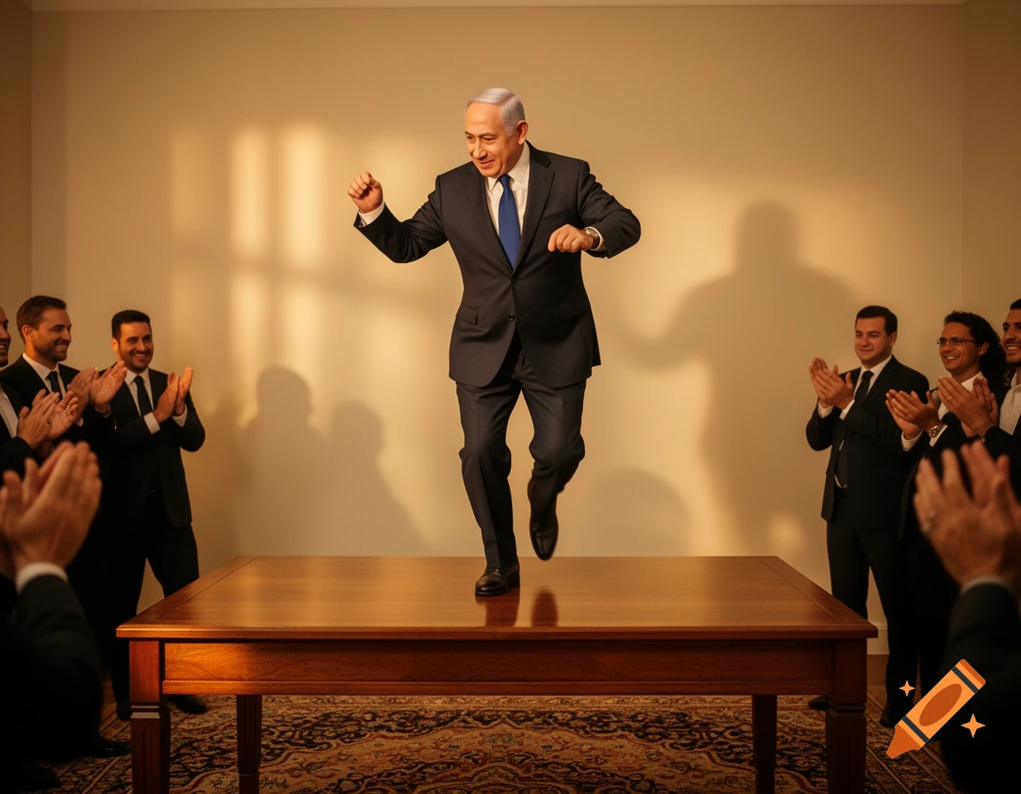 Benjamin Netanyahu dances on a table, smiling, as men in suits clap around him in a room.