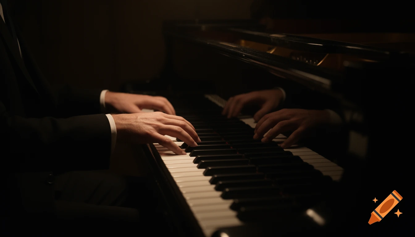 A close-up of a person's hands playing a piano in a dark, atmospheric setting, with light focused on the hands and keys.