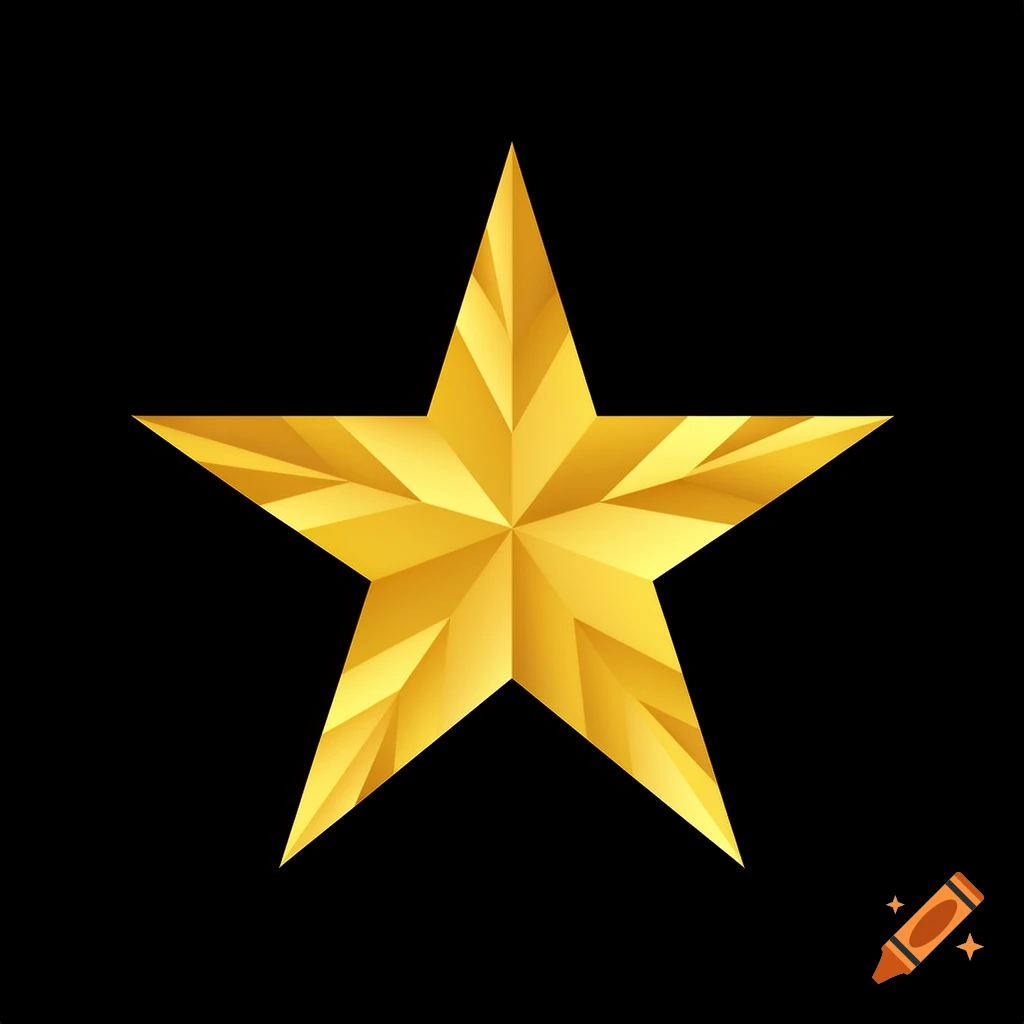 A golden five-pointed star with a faceted, sharp-edged design on a solid black background.
