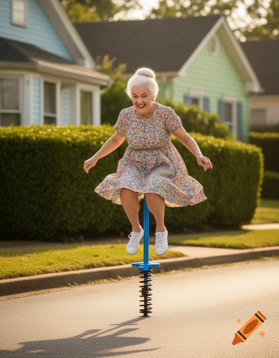 A joyful elderly woman with white hair bounces on a blue pogo stick in a sunlit suburban street.