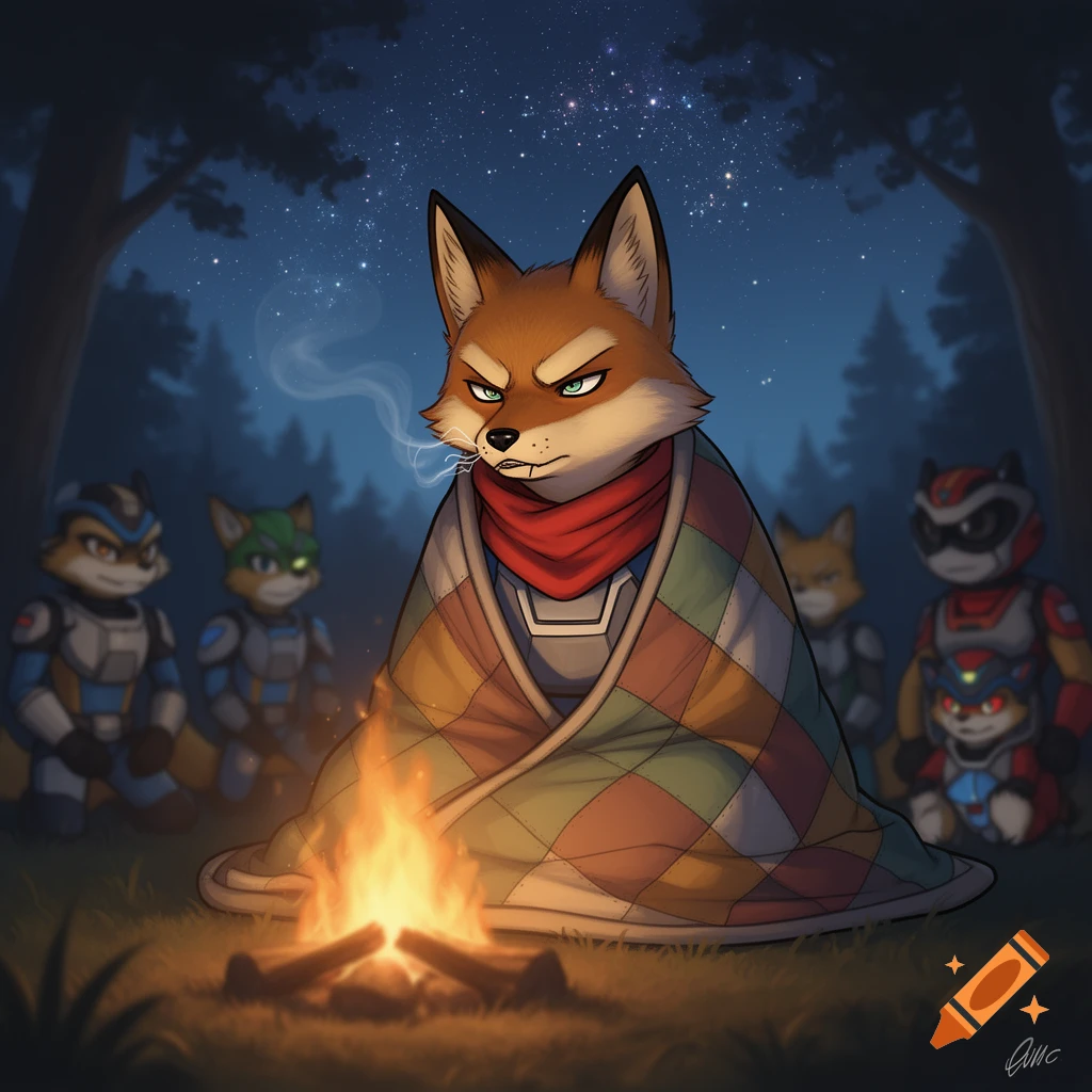 Cartoon Fox McCloud, wrapped in a blanket and looking cold, sits by a campfire with his team in a dark, starry forest.
