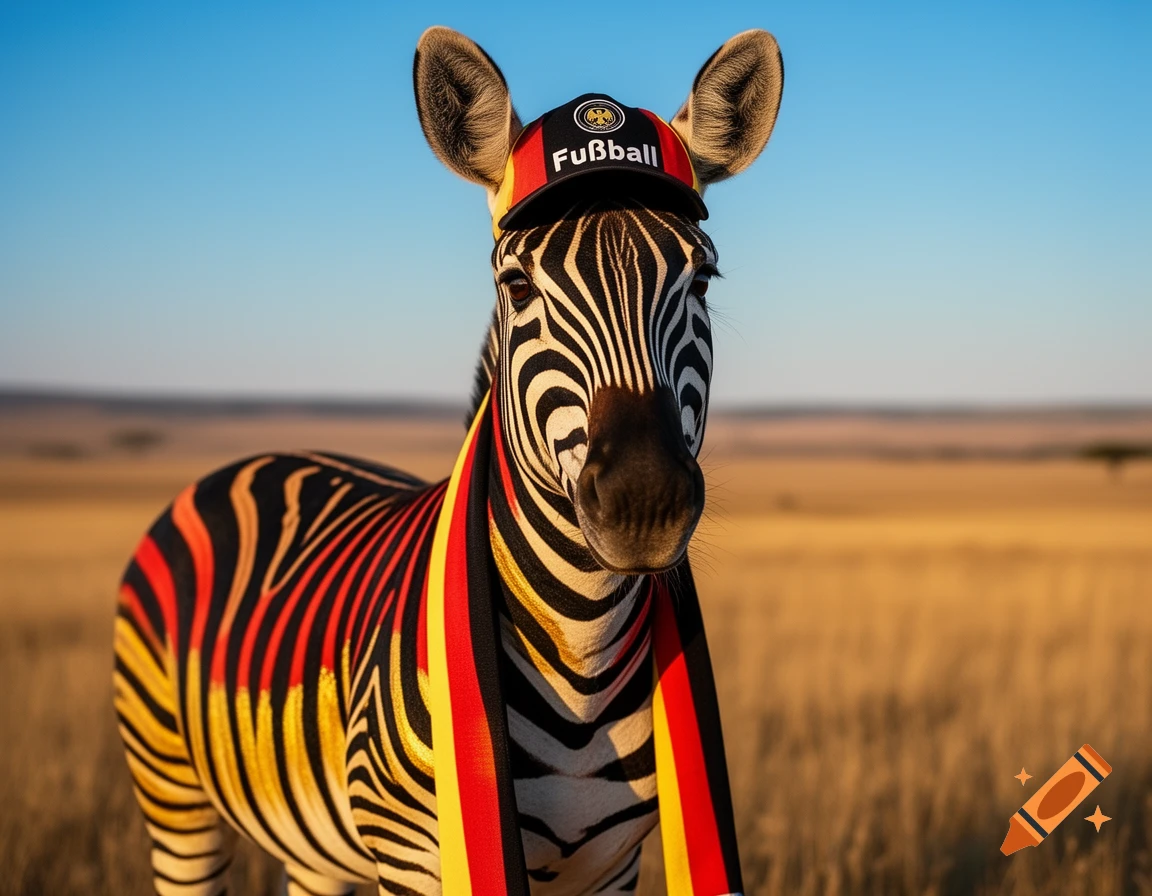 Photorealistic image of a zebra with black, red, and gold stripes, wearing a 'Fu sball' cap and a German flag scarf in a savannah.