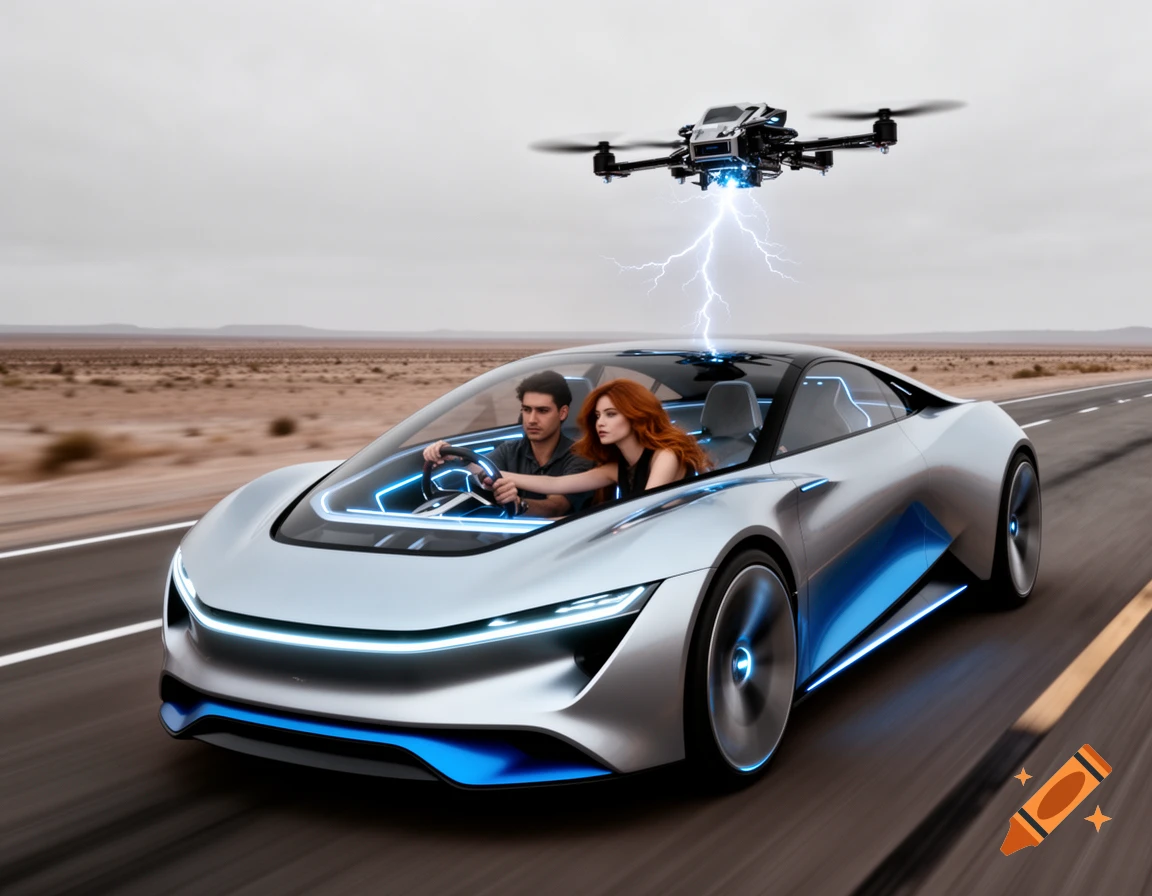 A futuristic silver and blue electric car with two people drives on a desert road, while a drone charges it with a lightning bolt from above.