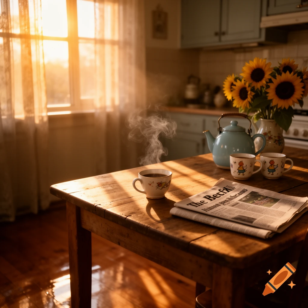 A wooden kitchen table bathed in morning sunlight, with a steaming coffee cup, a newspaper, a blue teapot, two small cups, and a vase of sunflowers.