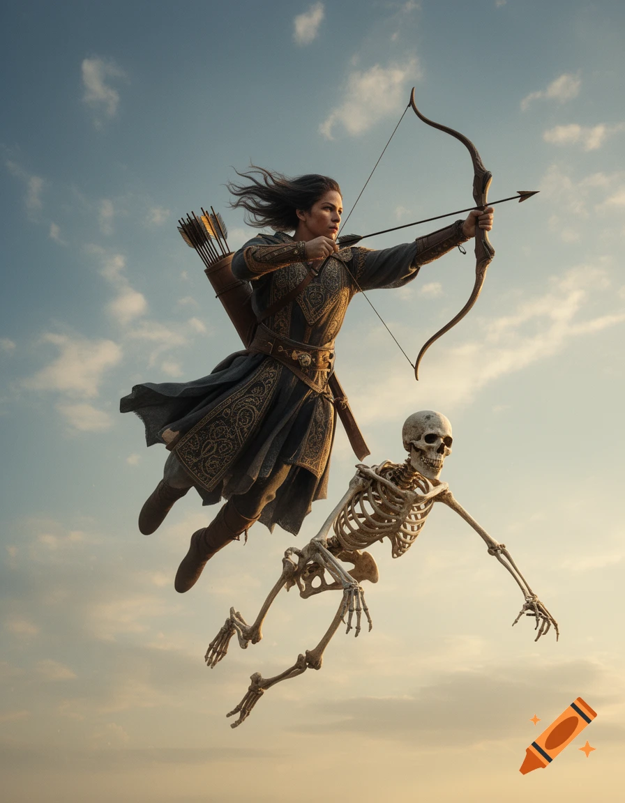 A photorealistic fantasy image of a female archer in ornate armor flying next to a skeleton against a cloudy sky, aiming a bow and arrow.