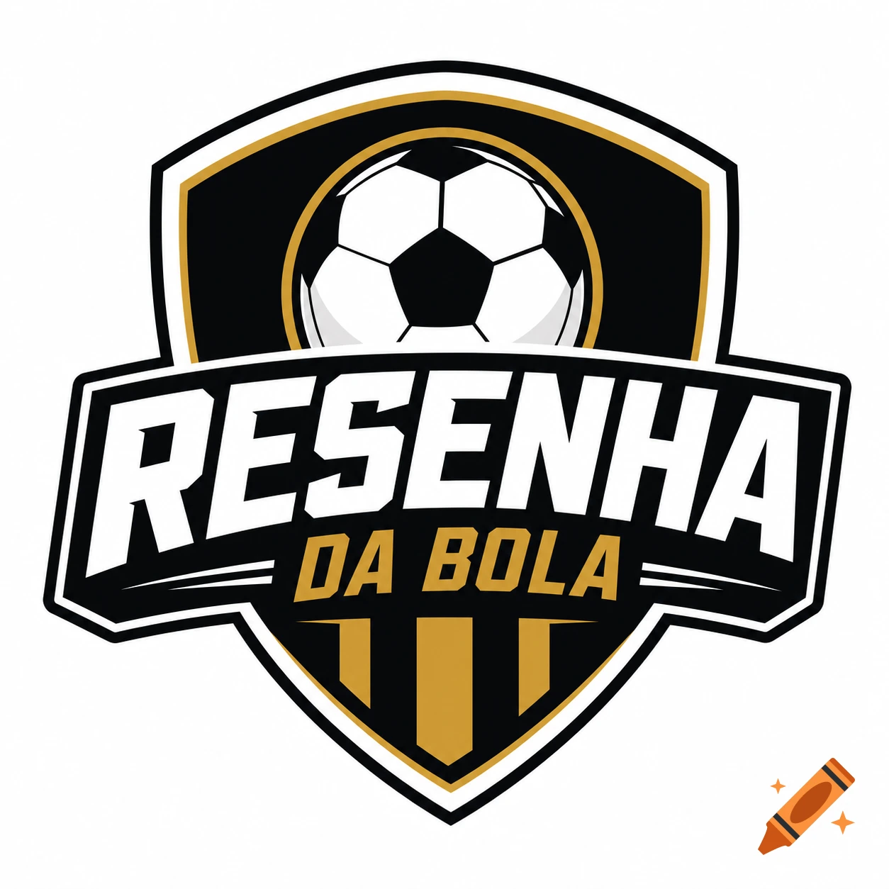 A black and gold shield-shaped logo with a soccer ball at the top, and the text "RESENHA DA BOLA" in a bold, clean sports font.