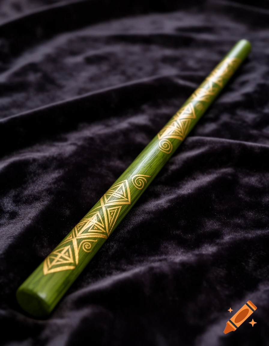 A moss-green wand with gold geometric and spiral patterns lies on dark velvet.