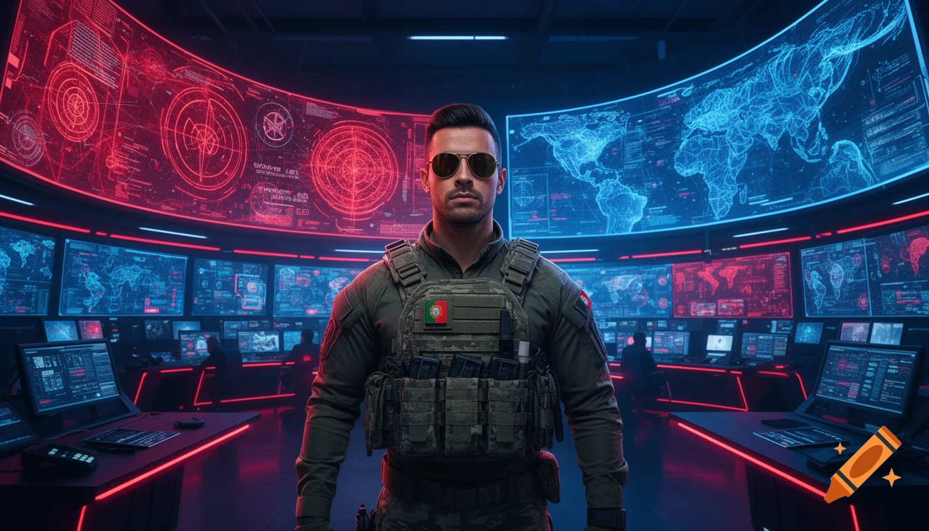 A man in tactical gear and sunglasses stands confidently in a futuristic control room with glowing red and blue screens displaying maps, in a digital art style.