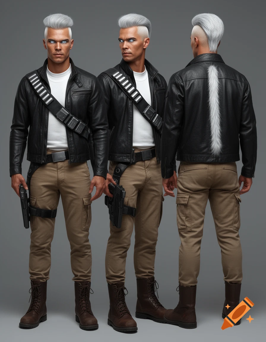 A male character with white undercut hair and glowing blue eyes, wearing a black leather jacket, tan cargo pants, and brown boots, shown in front, side, and back views with a pistol.