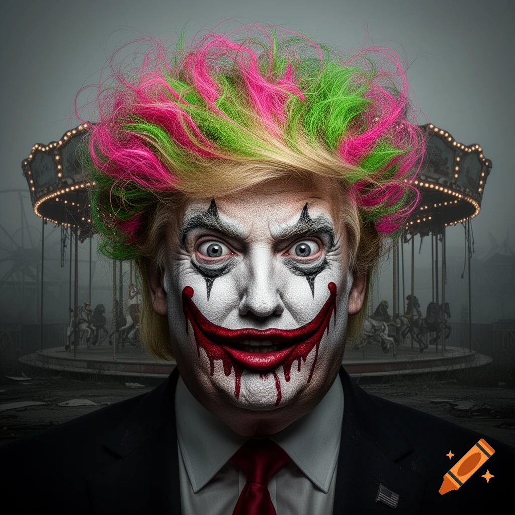Close-up portrait of Donald Trump as a horror clown with bright pink and green hair, white face paint, a red dripping smile, and an eerie carousel in the background.