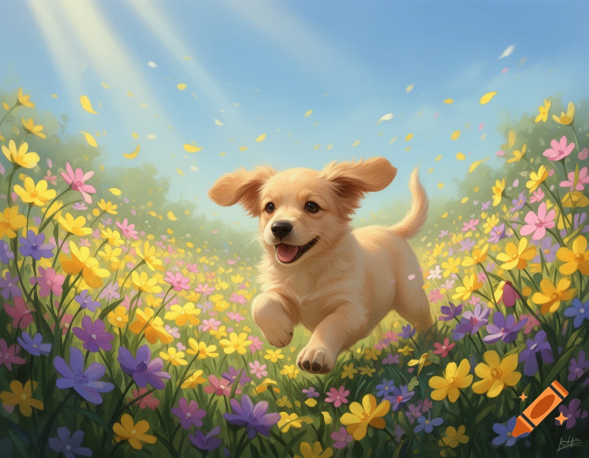 A cute golden puppy joyfully runs through a vibrant field of yellow, pink, and purple flowers under a sunny sky in an illustration.