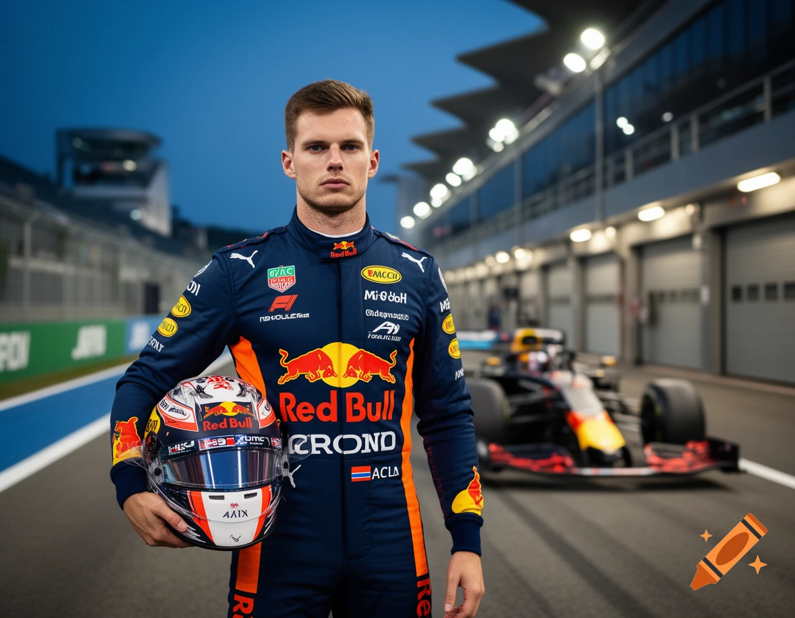 A male F1 driver in a dark blue racing suit holds a helmet on a track with a blurred F1 car and garages behind him, photorealistic.