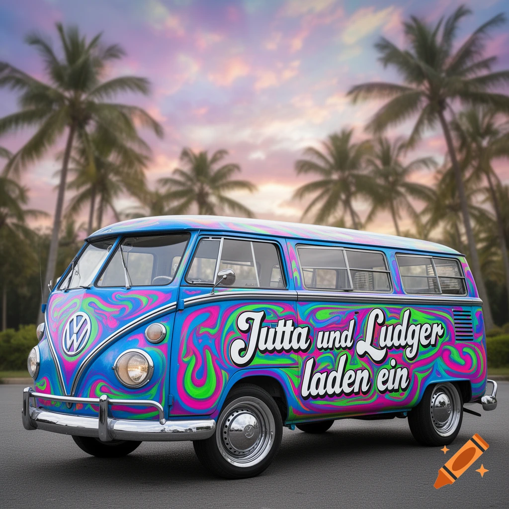 A psychedelic blue, pink, and green hippie Volkswagen van with text "Jutta und Ludger laden ein" against palm trees and a sunset sky.