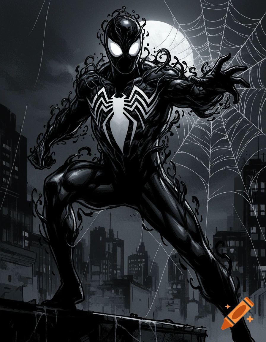 A black and white comic book style illustration of Symbiote Spider-Man crouching on a rooftop against a full moon and city skyline.