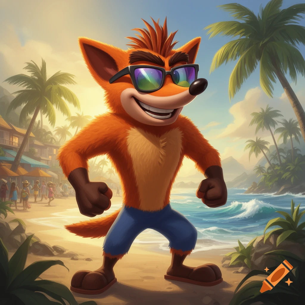 Crash Bandicoot wearing cool sunglasses, smiling confidently on a sunny tropical beach.