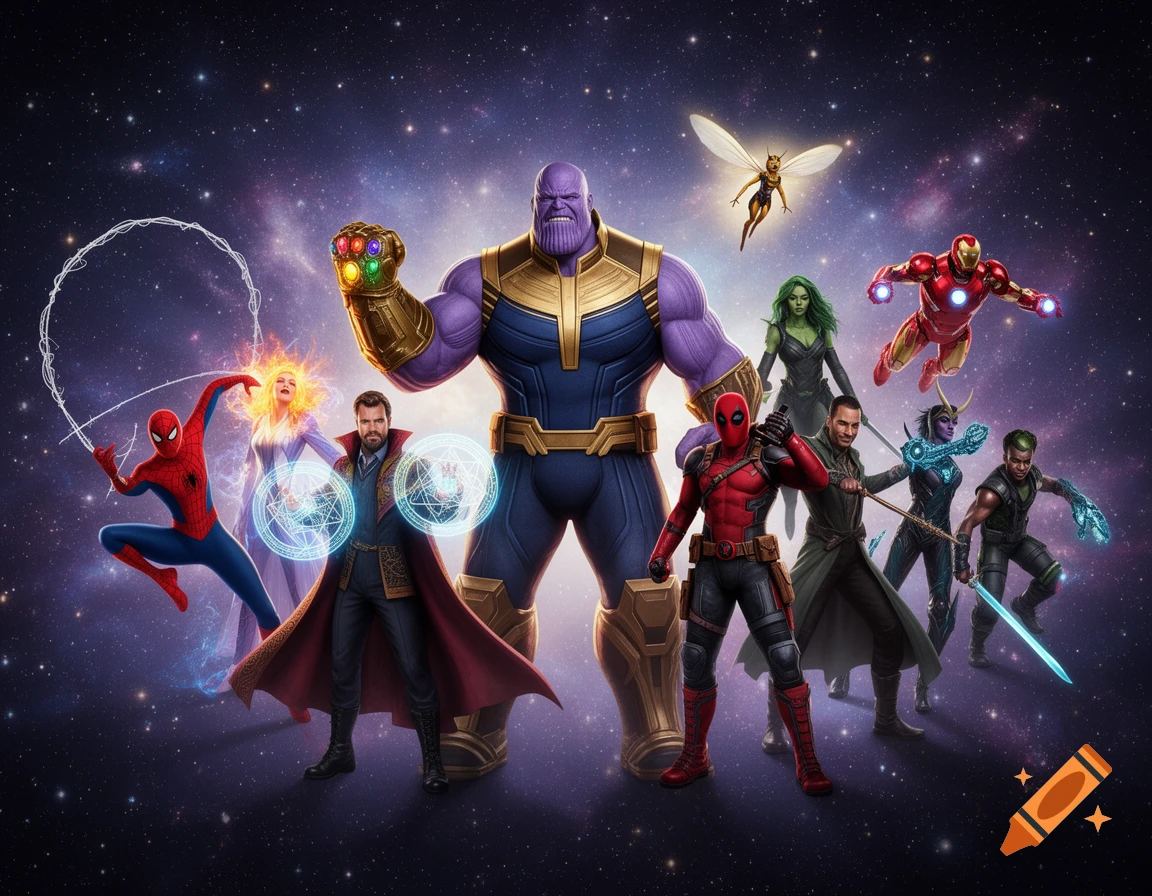 An assembly of Marvel superheroes including Thanos, Spider-Man, Doctor Strange, Iron Man, Gamora, Deadpool, and Wasp, against a cosmic, starry background.