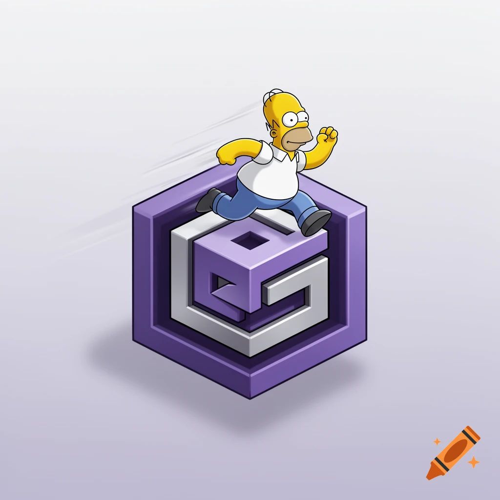 Homer Simpson running across a purple and silver GameCube logo on a white background, cartoon style.