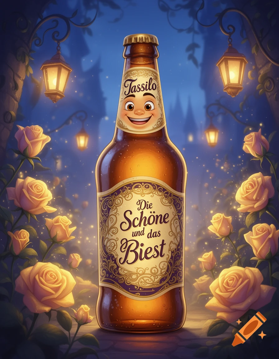 A cartoon-style beer bottle with a smiling face label and text 'Tassilo Die Sch ne und das Biest', surrounded by glowing yellow roses and lanterns in a dark, magical forest.