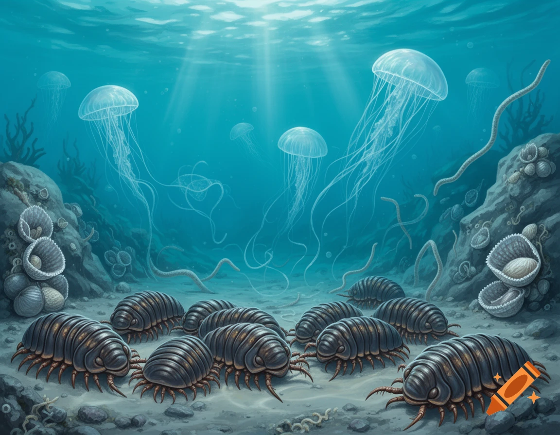 Prehistoric underwater scene with large, armored isopods on the seabed, surrounded by jellyfish and other marine life, bathed in sunlight from above.
