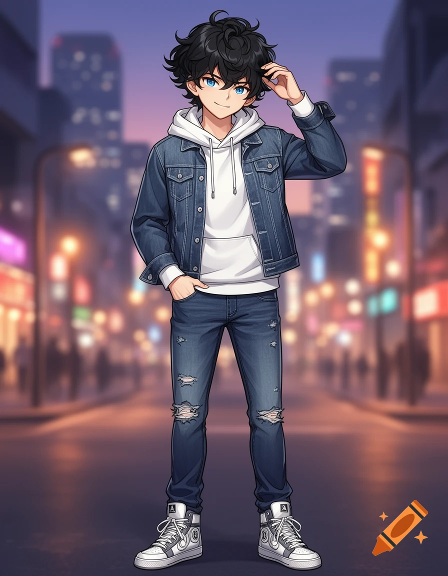 A handsome anime boy with black curly hair and blue eyes, wearing a white hoodie, denim jacket, ripped jeans, and sneakers, stands on a blurred city street at dusk.