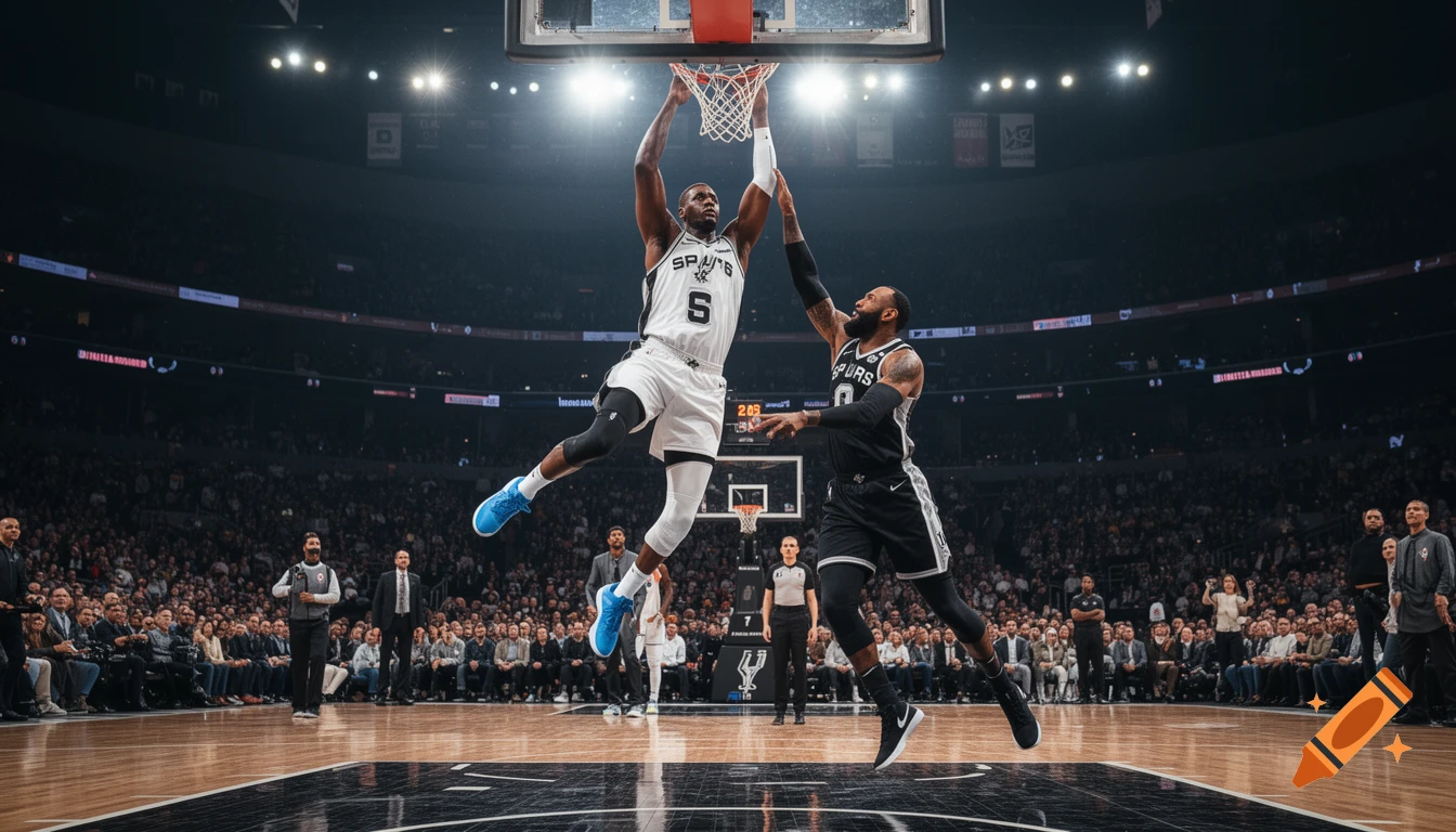 A photorealistic image of a basketball player in a white Spurs jersey dunking over another player in a black Spurs jersey during a game in a packed arena.