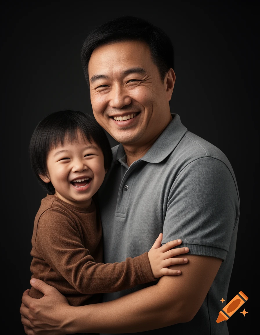 A smiling Asian father in a grey polo shirt hugs his laughing child in a brown shirt against a dark background, looking at the camera.