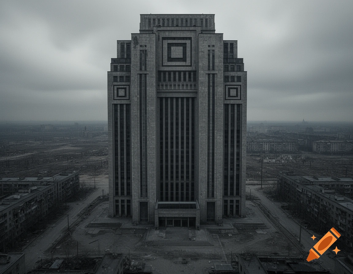 A massive, imposing Brutalist-style building stands isolated in a desolate, grey urban landscape under a cloudy sky.