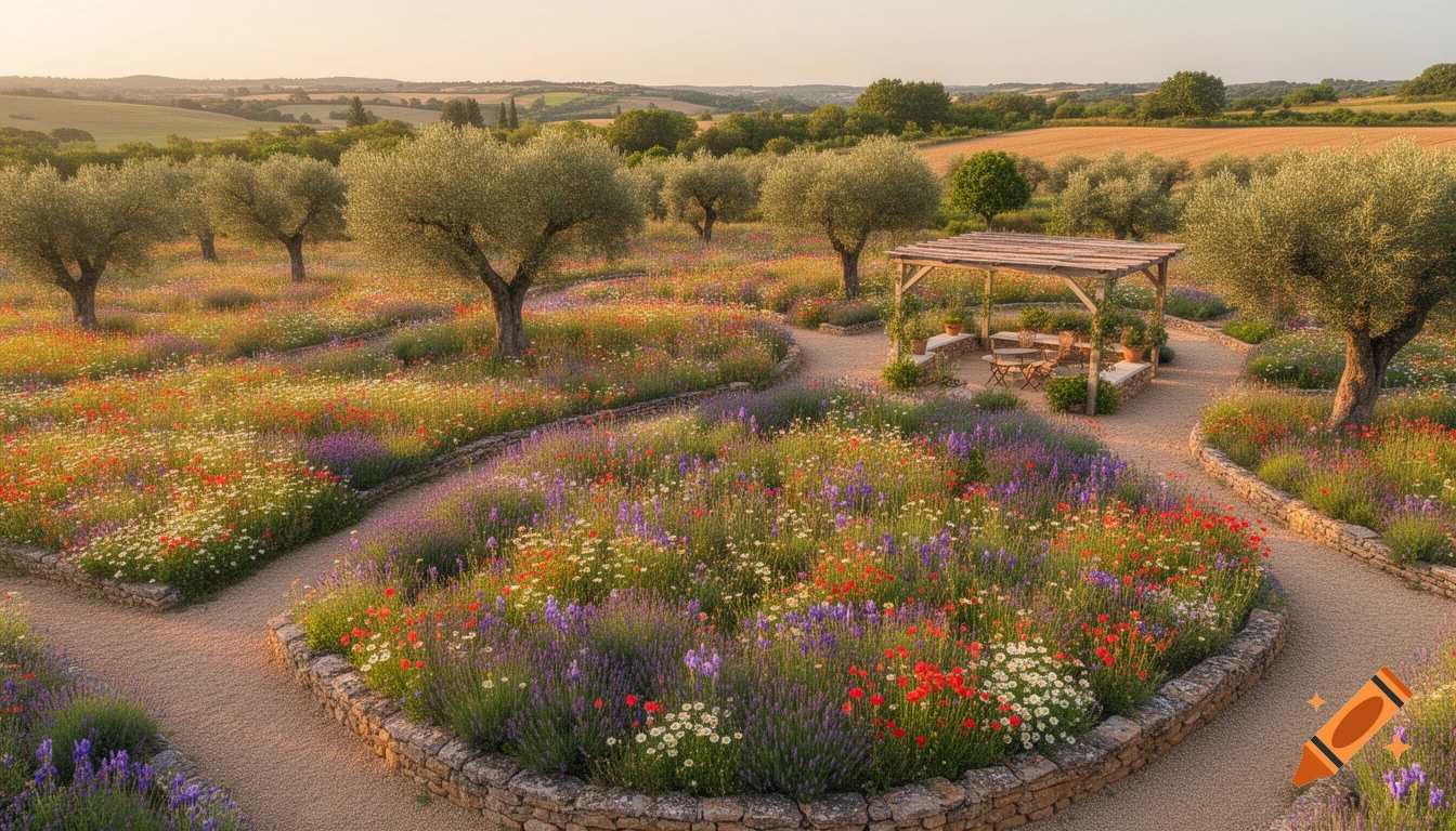 Aerial view of a vibrant flower garden with winding gravel paths, olive trees, and a wooden pergola under soft golden light.