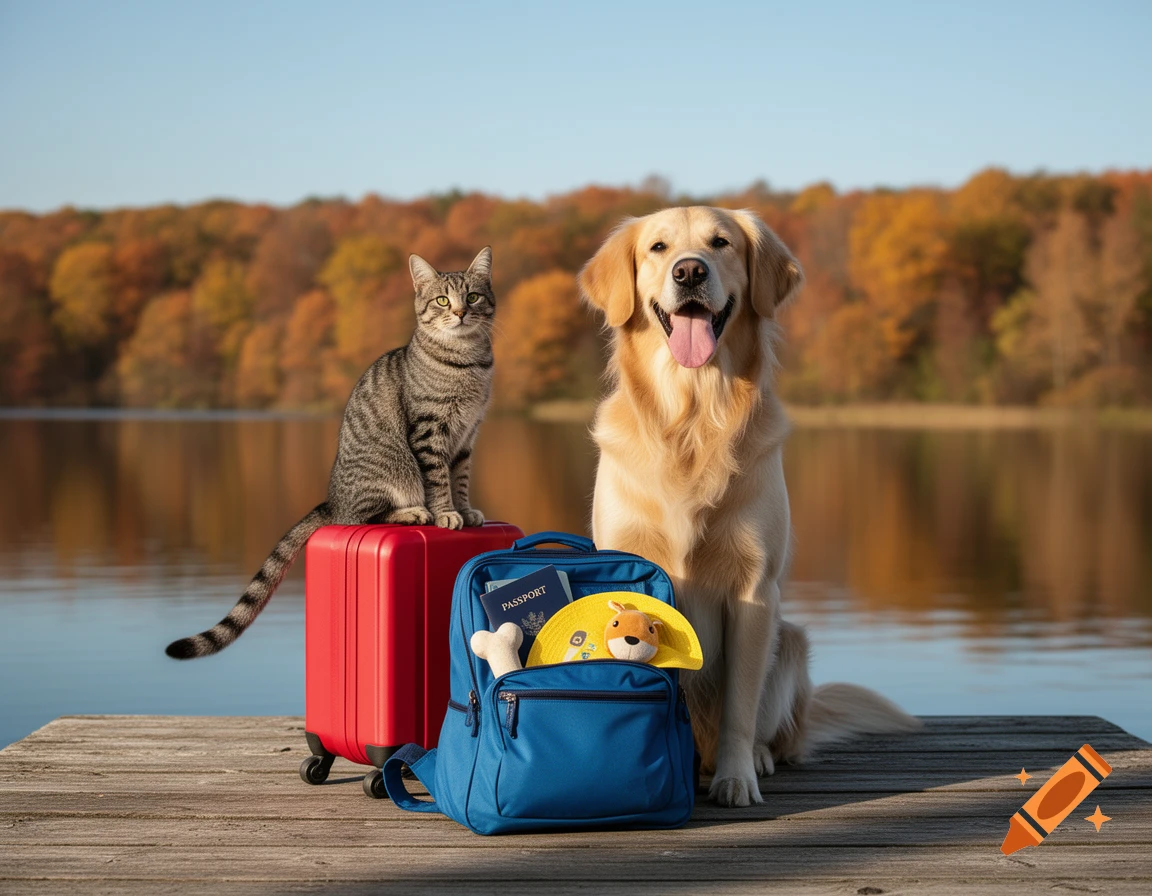 A tabby cat on a red suitcase and a Golden Retriever with a blue backpack on a dock by an autumn lake.