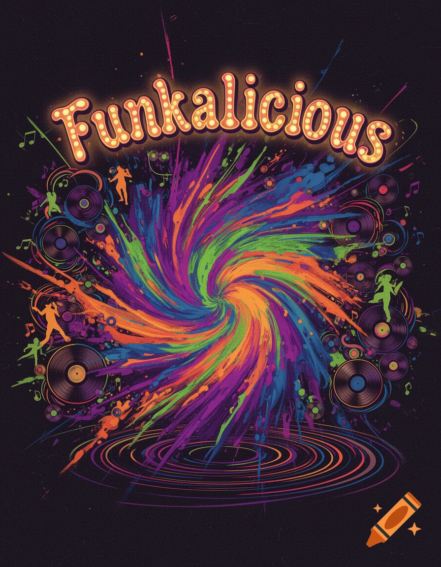Vibrant, stylized graphic with "Funkalicious" in marquee lights, a colorful paint splash, dancing silhouettes, and vinyl records.